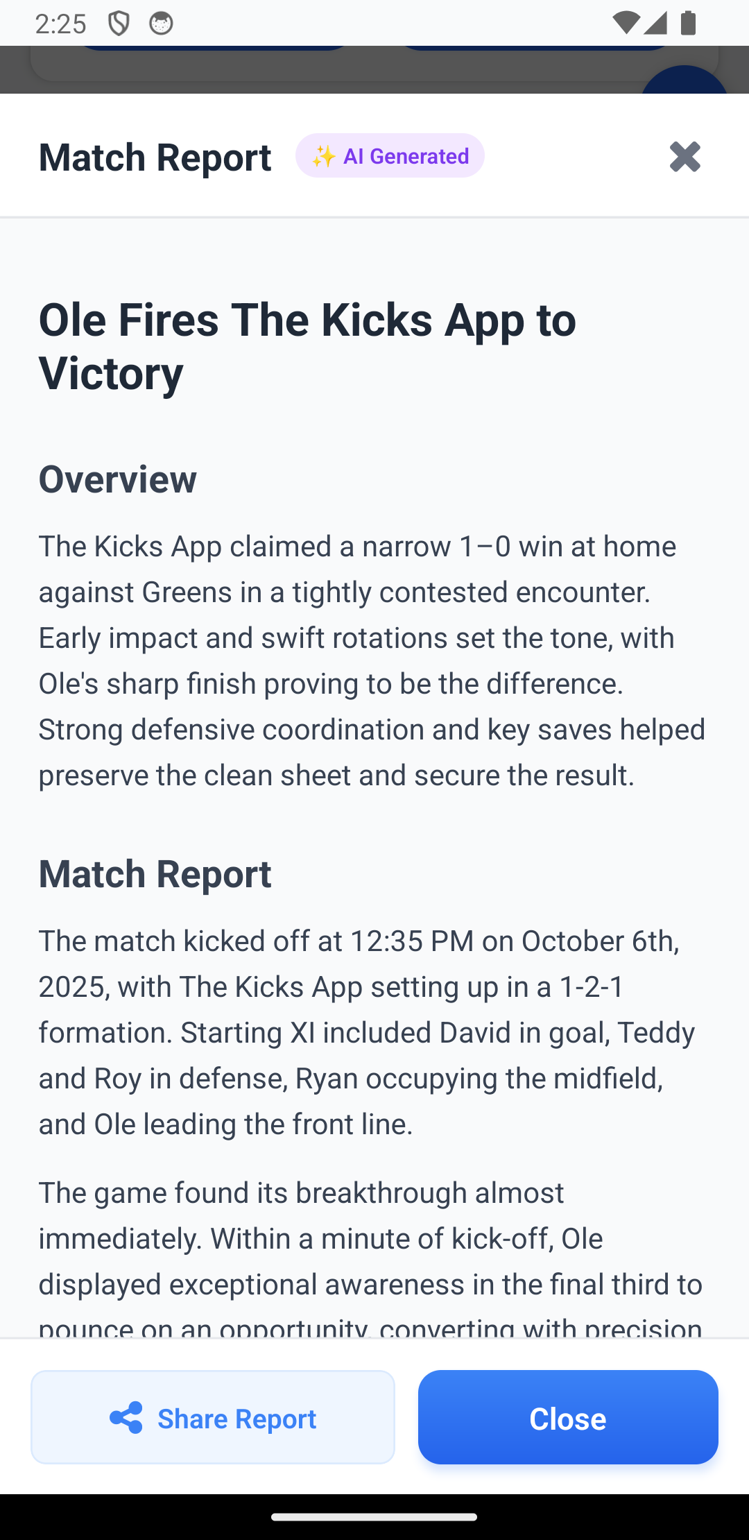 A KiCKS match report on a phone