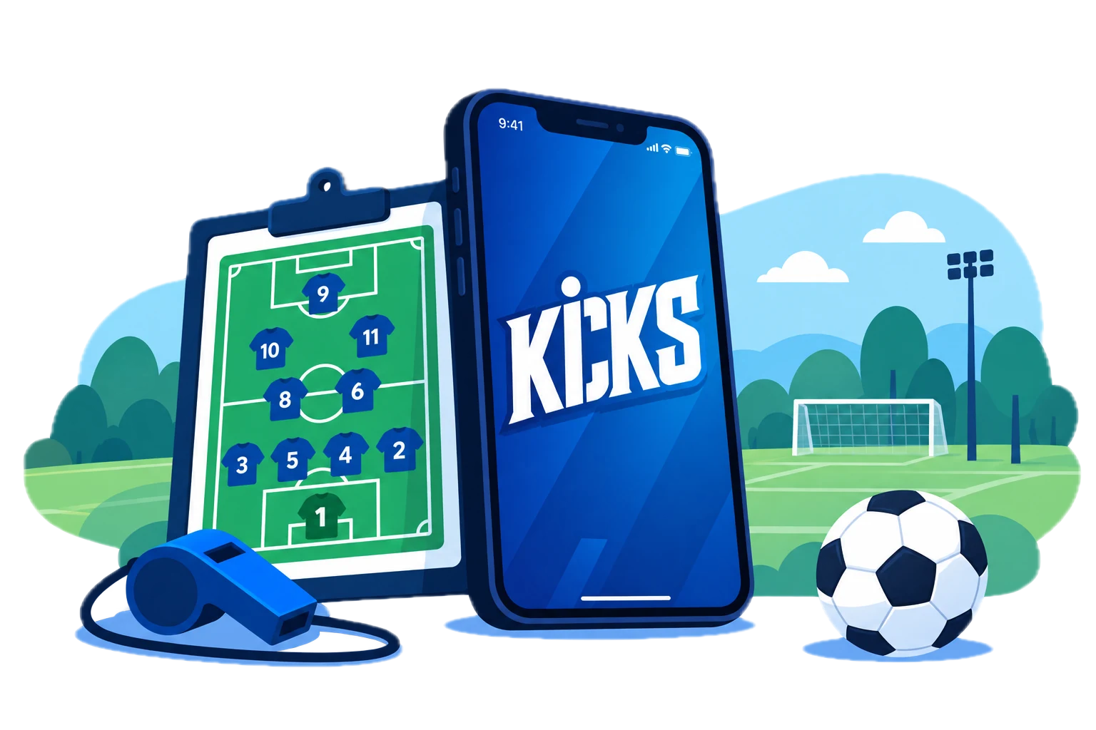The KiCKS app on a phone, beside a lineup clipboard, a coach's whistle and a football on a grass pitch