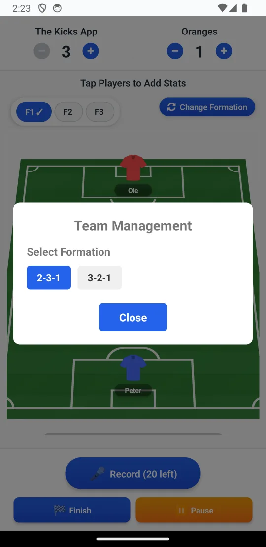 Choosing a team formation in KiCKS, with 2-3-1 and 3-2-1 options