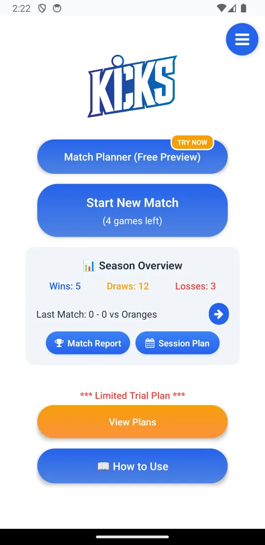 The KiCKS home screen: match planner, start a new match, and a season overview of wins, draws and losses