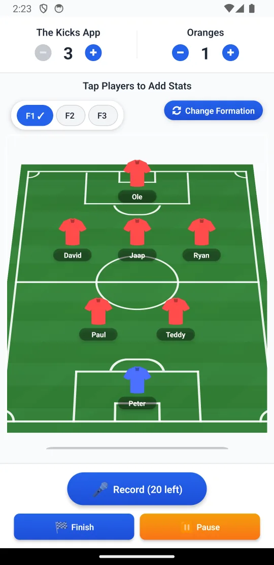 A live KiCKS match at 3-1, players laid out on the pitch, with a record button for voice notes